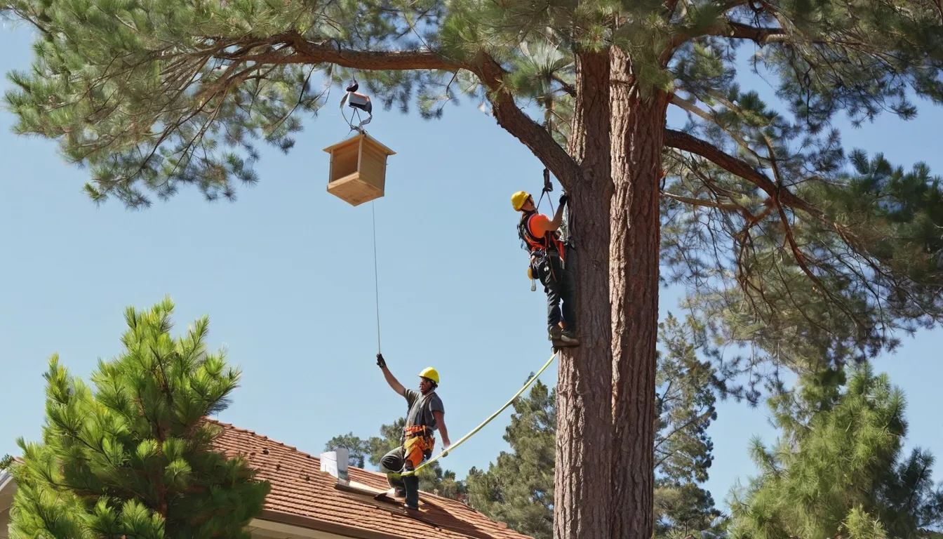 A tree service provider cutting a large tree in a backyard near Denver