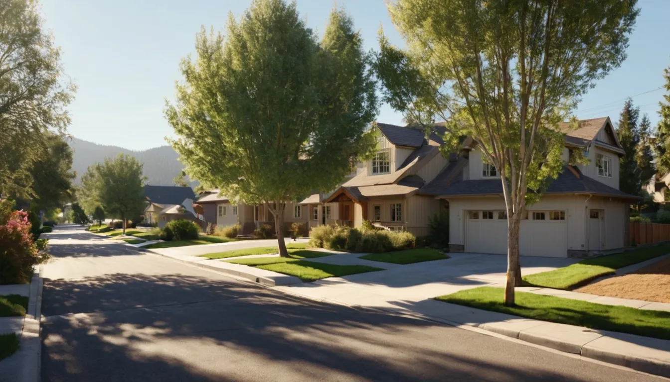 A neighborhood street with mature trees and newer homes in the Denver area